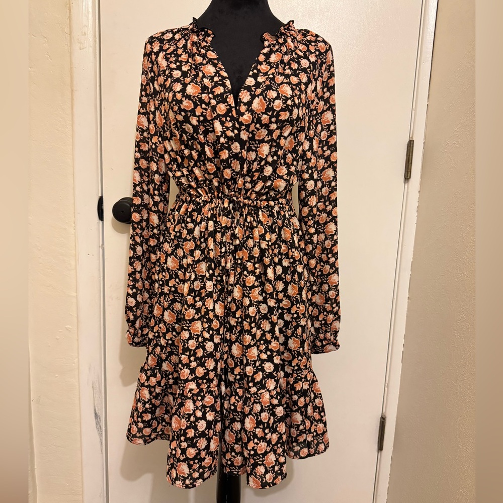 Zara floral dress. Size XS. Black with rust/orangish and white floral print.
